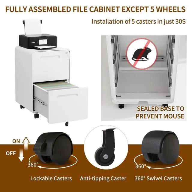 Alt view image 7 of 7 - 2 Drawer Mobile File Cabinet with Lock, 4 Keys and 25 Letter File Folders | Heavy-Duty Steel Rolling Filing Cabinet Pre-Assembled Under Desk for Home Office Letters/Legal/A4 Hanging File Folders