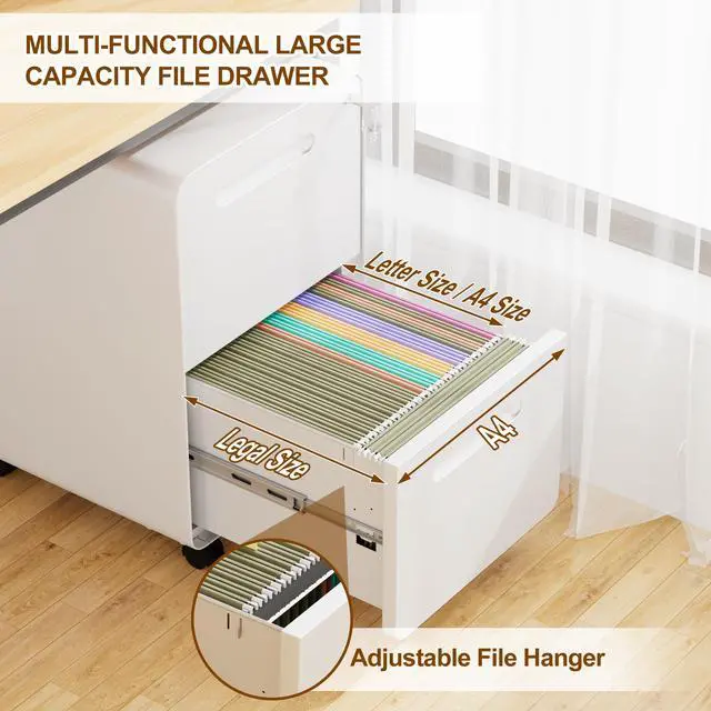 Alt view image 6 of 7 - 2 Drawer Mobile File Cabinet with Lock, 4 Keys and 25 Letter File Folders | Heavy-Duty Steel Rolling Filing Cabinet Pre-Assembled Under Desk for Home Office Letters/Legal/A4 Hanging File Folders