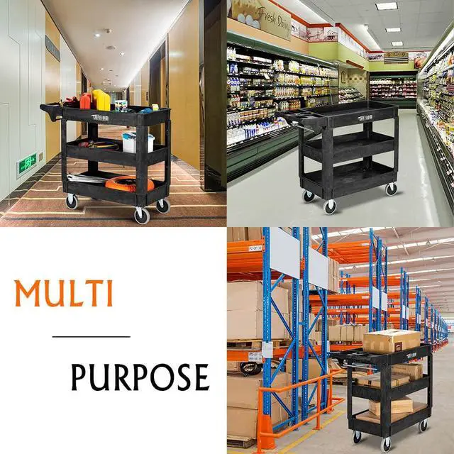 Alt view image 6 of 7 - Plastic Service Utility Cart, Support 550lbs Capacity Ergonomic Handle, Heavy Duty Tub Storage Cart W/Deep Shelves, Multipurpose Rolling 2-Tier Mobile Storage Organizer, for Warehouse Garage