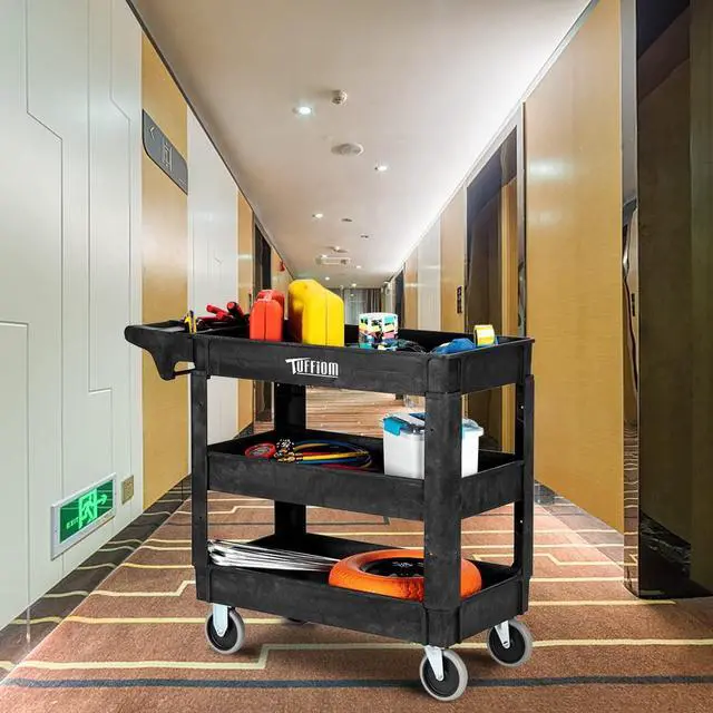 Alt view image 7 of 7 - Plastic Service Utility Cart, Support 550lbs Capacity Ergonomic Handle, Heavy Duty Tub Storage Cart W/Deep Shelves, Multipurpose Rolling 2-Tier Mobile Storage Organizer, for Warehouse Garage