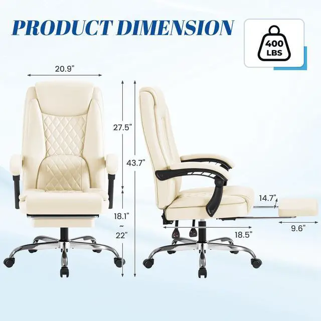 Alt view image 3 of 7 - Office Chair with Footrest Ergonomic High Back Design Executive Computer Desk Chair400lbs, 90-135° Reclining Leather Home Office Desk Chairs Swivel Task Chairs with Wheels (Beige)