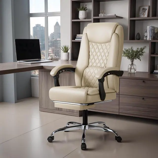Alt view image 2 of 7 - Office Chair with Footrest Ergonomic High Back Design Executive Computer Desk Chair400lbs, 90-135° Reclining Leather Home Office Desk Chairs Swivel Task Chairs with Wheels (Beige)