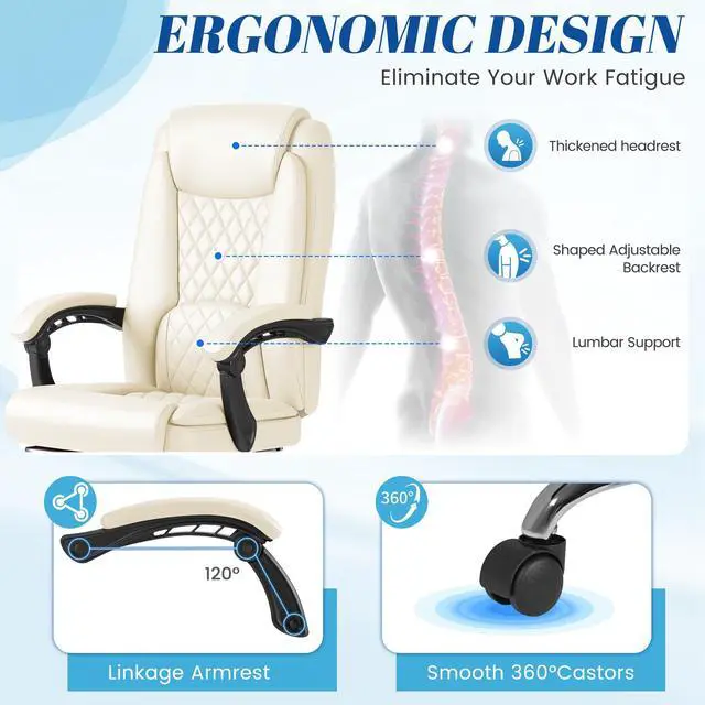 Alt view image 4 of 7 - Office Chair with Footrest Ergonomic High Back Design Executive Computer Desk Chair400lbs, 90-135° Reclining Leather Home Office Desk Chairs Swivel Task Chairs with Wheels (Beige)