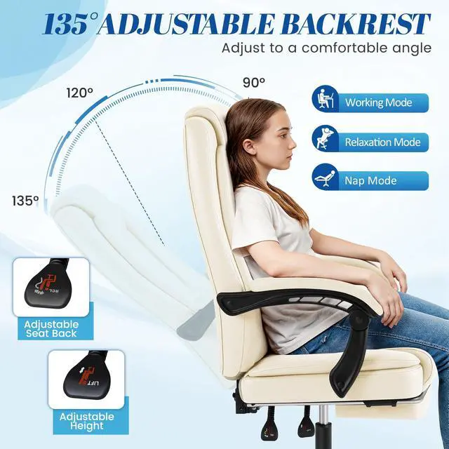 Alt view image 6 of 7 - Office Chair with Footrest Ergonomic High Back Design Executive Computer Desk Chair400lbs, 90-135° Reclining Leather Home Office Desk Chairs Swivel Task Chairs with Wheels (Beige)