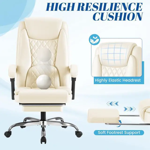 Alt view image 5 of 7 - Office Chair with Footrest Ergonomic High Back Design Executive Computer Desk Chair400lbs, 90-135° Reclining Leather Home Office Desk Chairs Swivel Task Chairs with Wheels (Beige)