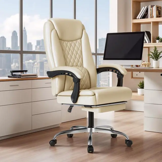 Alt view image 7 of 7 - Office Chair with Footrest Ergonomic High Back Design Executive Computer Desk Chair400lbs, 90-135° Reclining Leather Home Office Desk Chairs Swivel Task Chairs with Wheels (Beige)