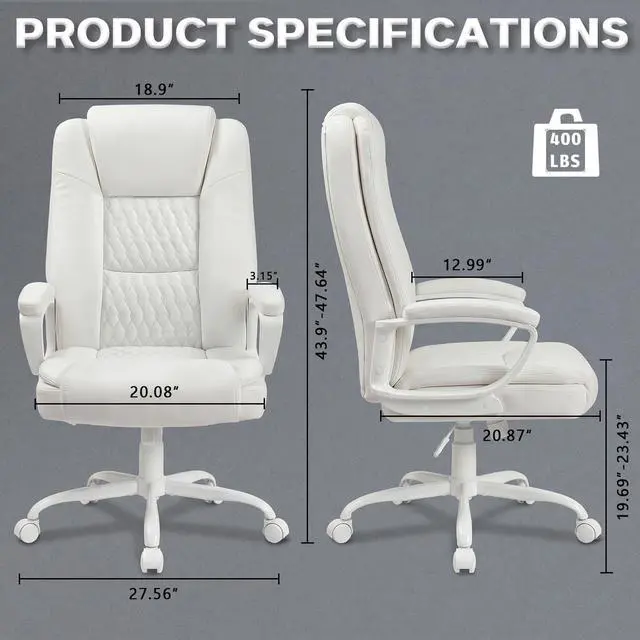 Alt view image 3 of 7 - Home Office Executive Desk Chair, High Back PU Leather Chair, Height Adjustable Swivel Computer Chair with Padded Armrest (White)