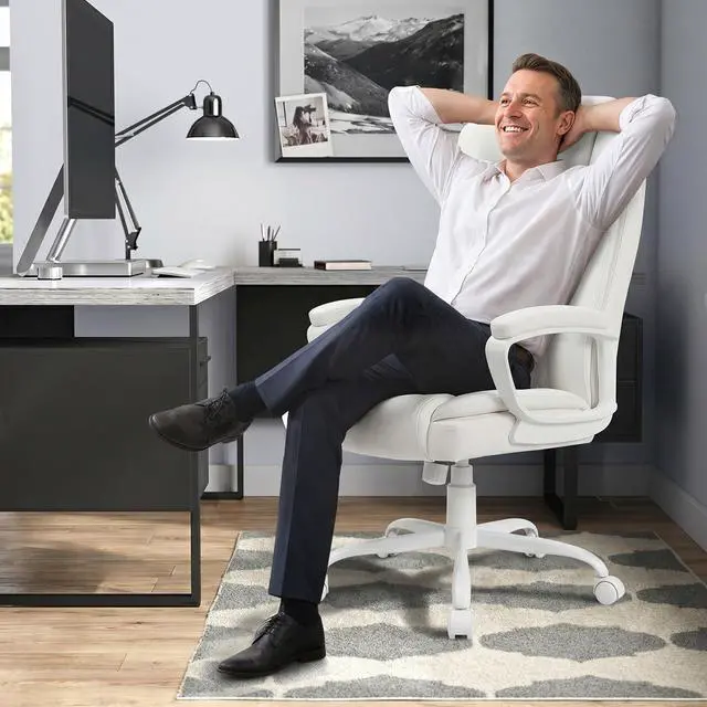Alt view image 2 of 7 - Home Office Executive Desk Chair, High Back PU Leather Chair, Height Adjustable Swivel Computer Chair with Padded Armrest (White)