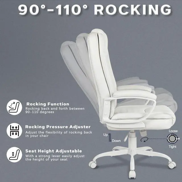 Alt view image 5 of 7 - Home Office Executive Desk Chair, High Back PU Leather Chair, Height Adjustable Swivel Computer Chair with Padded Armrest (White)