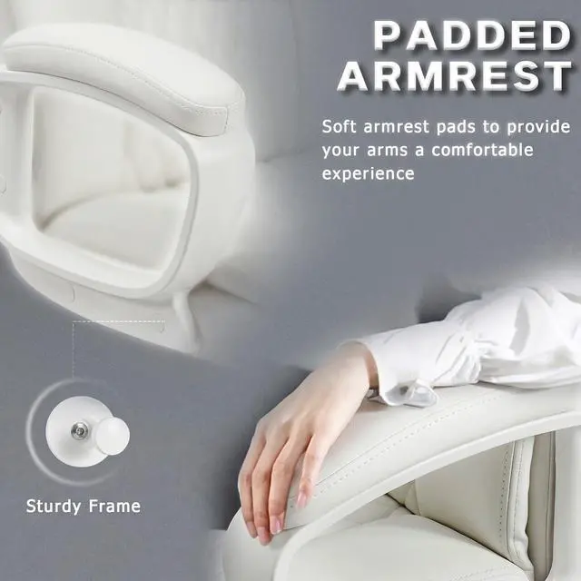 Alt view image 7 of 7 - Home Office Executive Desk Chair, High Back PU Leather Chair, Height Adjustable Swivel Computer Chair with Padded Armrest (White)