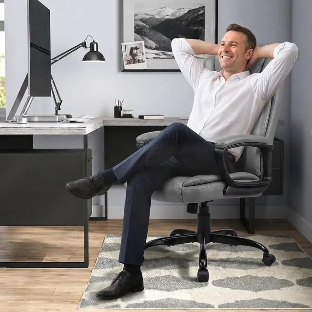 Alt view image 2 of 7 - Home Office Executive Desk Chair, High Back PU Leather Chair, Height Adjustable Swivel Computer Chair with Padded Armrest, Grey