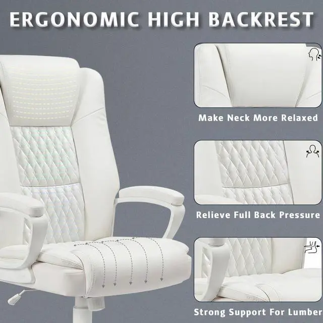 Alt view image 6 of 7 - Home Office Executive Desk Chair, High Back PU Leather Chair, Height Adjustable Swivel Computer Chair with Padded Armrest (White)
