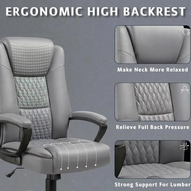Alt view image 4 of 7 - Home Office Executive Desk Chair, High Back PU Leather Chair, Height Adjustable Swivel Computer Chair with Padded Armrest, Grey