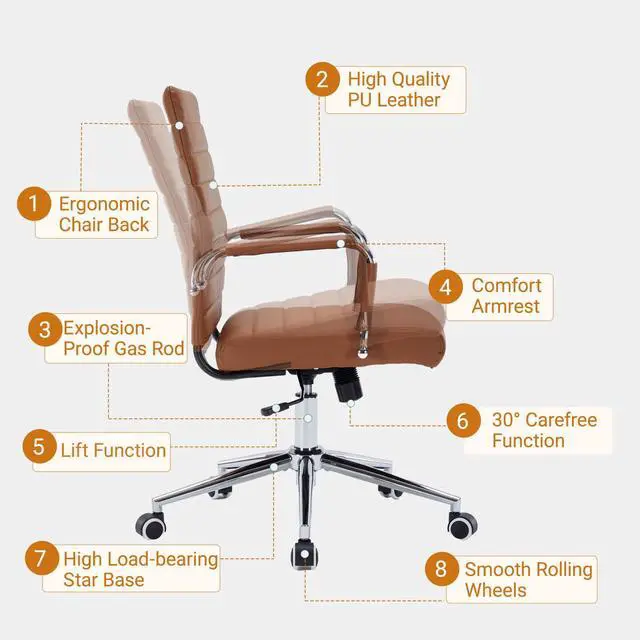 Alt view image 3 of 7 - Office Desk Chairs with Wheels, Executive Swivel Rolling Faux Leather Computer Chair with Comfortable Lumbar Support for Home Office(Mid Back, Brown)