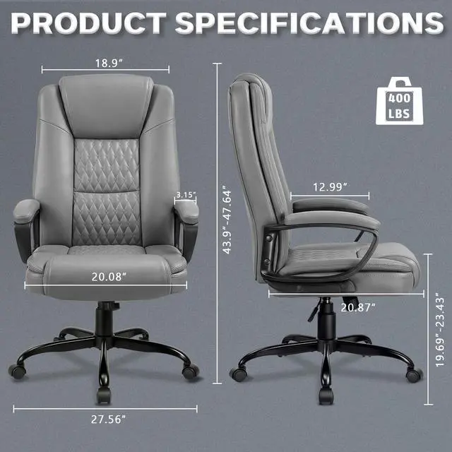 Alt view image 3 of 7 - Home Office Executive Desk Chair, High Back PU Leather Chair, Height Adjustable Swivel Computer Chair with Padded Armrest, Grey