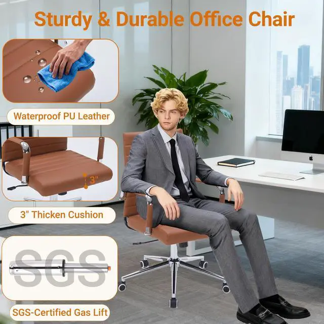 Alt view image 4 of 7 - Office Desk Chairs with Wheels, Executive Swivel Rolling Faux Leather Computer Chair with Comfortable Lumbar Support for Home Office(Mid Back, Brown)