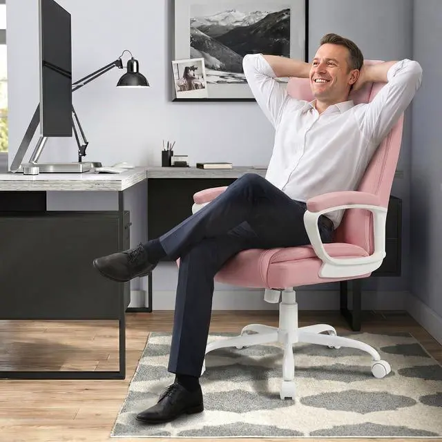 Alt view image 2 of 6 - Home Office Executive Desk Chair, High Back PU Leather Chair, Height Adjustable Swivel Computer Chair with Padded Armrest, Pink
