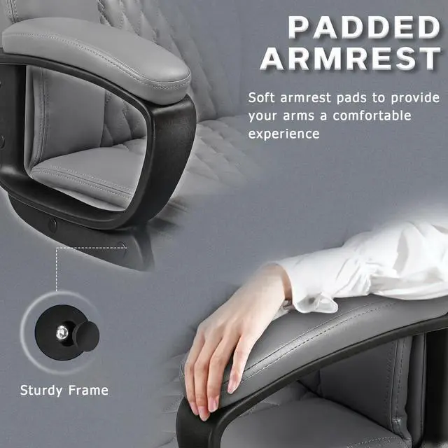 Alt view image 7 of 7 - Home Office Executive Desk Chair, High Back PU Leather Chair, Height Adjustable Swivel Computer Chair with Padded Armrest, Grey