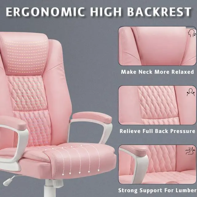 Alt view image 4 of 6 - Home Office Executive Desk Chair, High Back PU Leather Chair, Height Adjustable Swivel Computer Chair with Padded Armrest, Pink