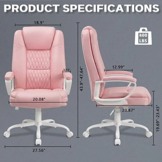 Alt view image 3 of 6 - Home Office Executive Desk Chair, High Back PU Leather Chair, Height Adjustable Swivel Computer Chair with Padded Armrest, Pink