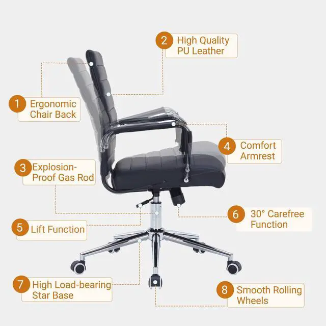 Alt view image 3 of 7 - Ergonomic Office Chair, Executive PU Leather Desk Chair with Adjustable Lumbar Support and Smooth-Rolling Wheels for Home Office Conference Room, Mid Back, Black