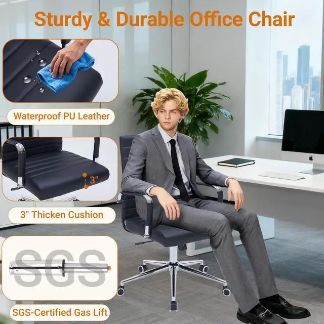 Alt view image 5 of 7 - Ergonomic Office Chair, Executive PU Leather Desk Chair with Adjustable Lumbar Support and Smooth-Rolling Wheels for Home Office Conference Room, Mid Back, Black