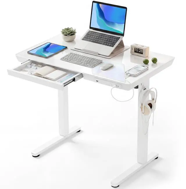 Main image of Small Glass Standing Desk with Drawers & USB Ports 35x19 White | 3 Steps Quick Install, Buil in Drawer, USB Ports, Ultra White One-Piece Glass Top, Writable Top