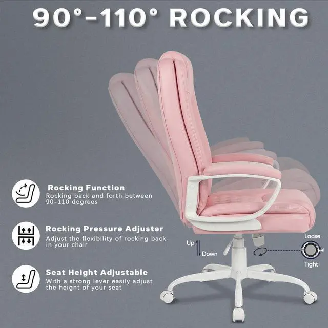 Alt view image 6 of 6 - Home Office Executive Desk Chair, High Back PU Leather Chair, Height Adjustable Swivel Computer Chair with Padded Armrest, Pink