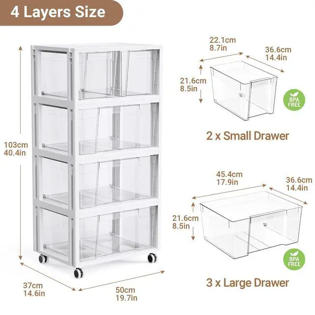 Alt view image 2 of 7 - Stackable Storage Drawer Carts, Extra Large Bins 4 Tier 5 Drawers | Smooth Pull-Out Drawers, Clear Plastic Storage Organizer Container For Home Office Bedroom Bathroom Art Crafts Under Desk