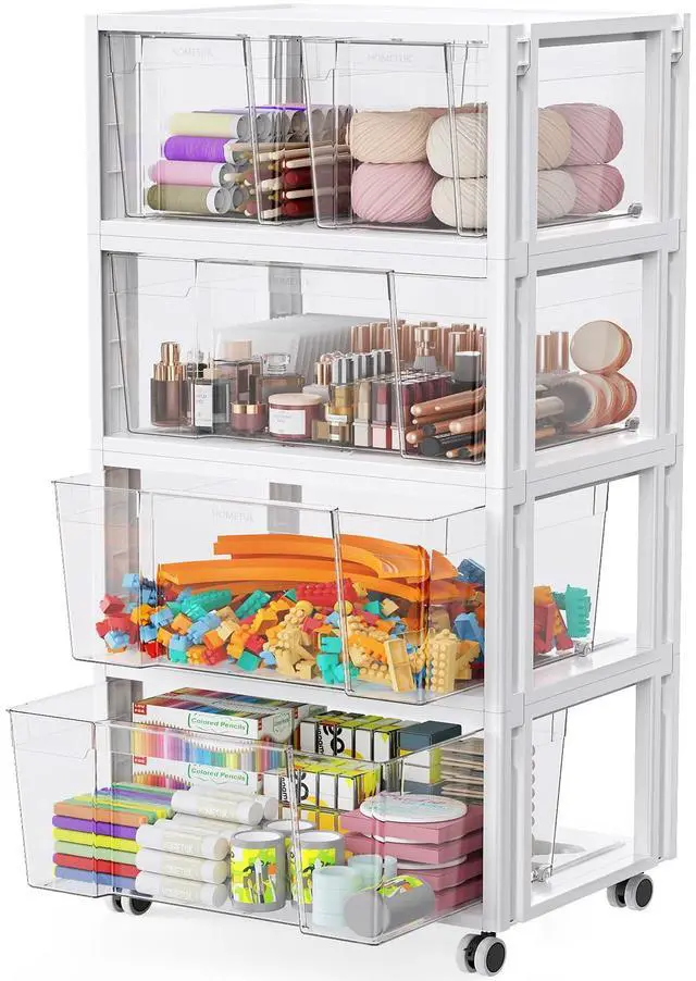 Main image of Stackable Storage Drawer Carts, Extra Large Bins 4 Tier 5 Drawers | Smooth Pull-Out Drawers, Clear Plastic Storage Organizer Container For Home Office Bedroom Bathroom Art Crafts Under Desk