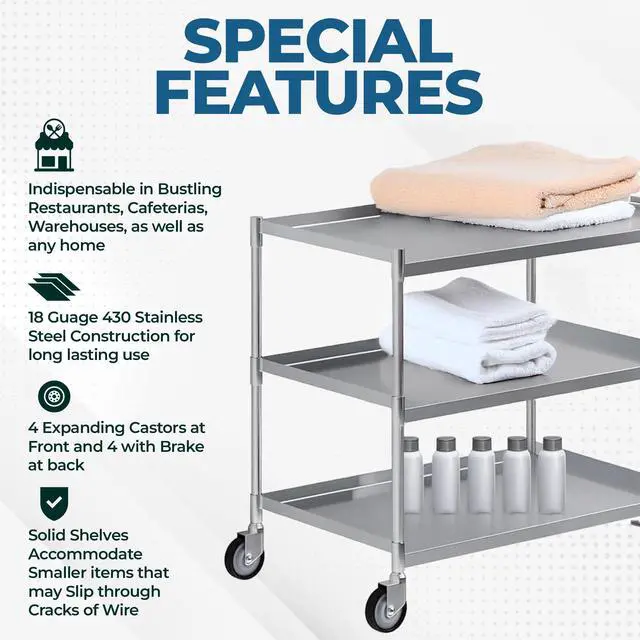Alt view image 2 of 7 - 3 Shelf Stainless Steel Tubular Utility Cart | Metal Utility Cart on Wheels with Handle | NSF Certified | (15" Wide X 24" Long X 33" High)