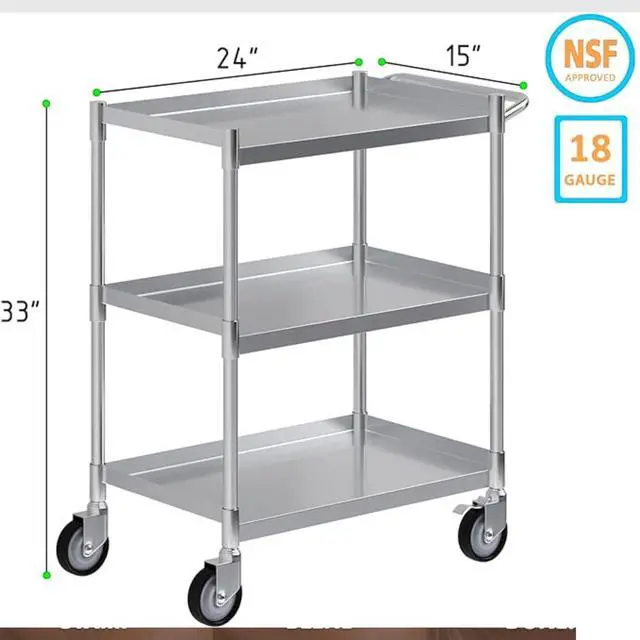 Alt view image 3 of 7 - 3 Shelf Stainless Steel Tubular Utility Cart | Metal Utility Cart on Wheels with Handle | NSF Certified | (15" Wide X 24" Long X 33" High)