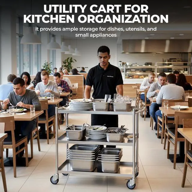 Alt view image 4 of 7 - 3 Shelf Stainless Steel Tubular Utility Cart | Metal Utility Cart on Wheels with Handle | NSF Certified | (15" Wide X 24" Long X 33" High)