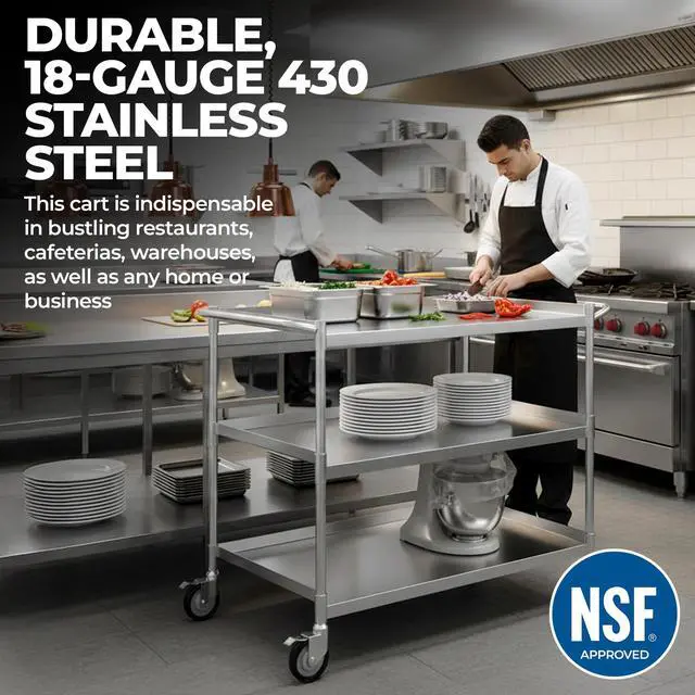 Alt view image 5 of 7 - 3 Shelf Stainless Steel Tubular Utility Cart | Metal Utility Cart on Wheels with Handle | NSF Certified | (15" Wide X 24" Long X 33" High)