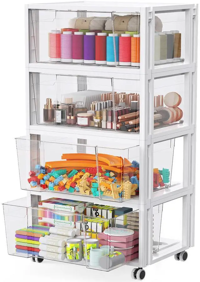 Main image of Stackable Storage Drawer Carts, Extra Large Bins 4 Tier 4 Drawers | Smooth Pull-Out Drawers, Clear Plastic Storage Organizer Container For Home Office Bedroom Bathroom Art Crafts Under Desk