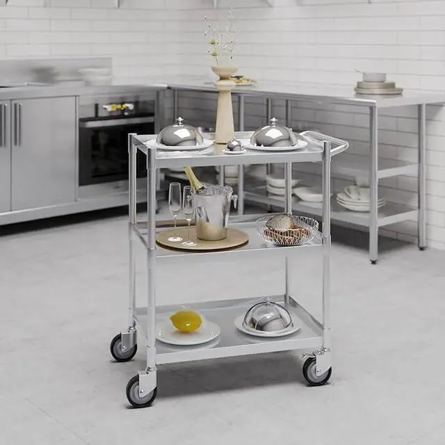 Alt view image 7 of 7 - 3 Shelf Stainless Steel Tubular Utility Cart | Metal Utility Cart on Wheels with Handle | NSF Certified | (15" Wide X 24" Long X 33" High)