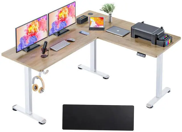 Main image of 63x55 in L Shaped Standing Desk, Electric Sit Stand Up Desk Adjustable Height, Corner Desk with Mouse Pad, Hooks, Home Office Writing Gaming Studying Big Computer Workstation, Oak Grey