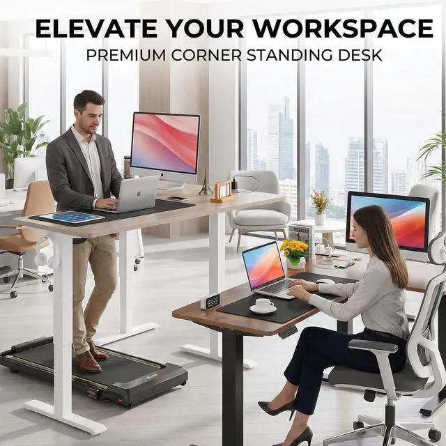 Alt view image 3 of 7 - 63x55 in L Shaped Standing Desk, Electric Sit Stand Up Desk Adjustable Height, Corner Desk with Mouse Pad, Hooks, Home Office Writing Gaming Studying Big Computer Workstation, Oak Grey