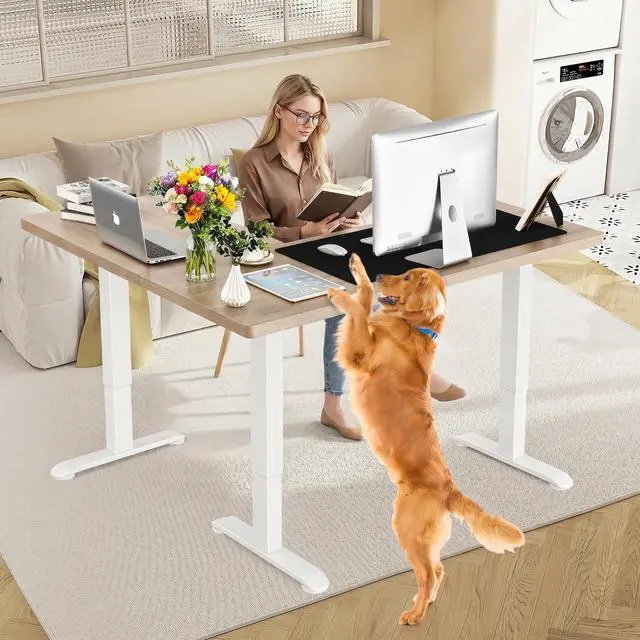 Alt view image 2 of 7 - 63x55 in L Shaped Standing Desk, Electric Sit Stand Up Desk Adjustable Height, Corner Desk with Mouse Pad, Hooks, Home Office Writing Gaming Studying Big Computer Workstation, Oak Grey