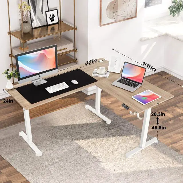 Alt view image 4 of 7 - 63x55 in L Shaped Standing Desk, Electric Sit Stand Up Desk Adjustable Height, Corner Desk with Mouse Pad, Hooks, Home Office Writing Gaming Studying Big Computer Workstation, Oak Grey