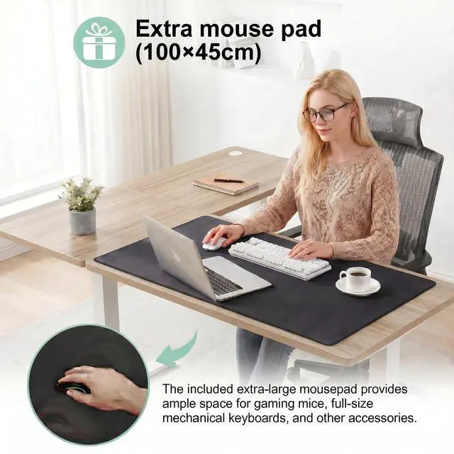 Alt view image 6 of 7 - 63x55 in L Shaped Standing Desk, Electric Sit Stand Up Desk Adjustable Height, Corner Desk with Mouse Pad, Hooks, Home Office Writing Gaming Studying Big Computer Workstation, Oak Grey
