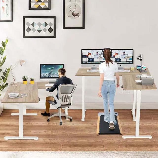 Alt view image 7 of 7 - 63x55 in L Shaped Standing Desk, Electric Sit Stand Up Desk Adjustable Height, Corner Desk with Mouse Pad, Hooks, Home Office Writing Gaming Studying Big Computer Workstation, Oak Grey