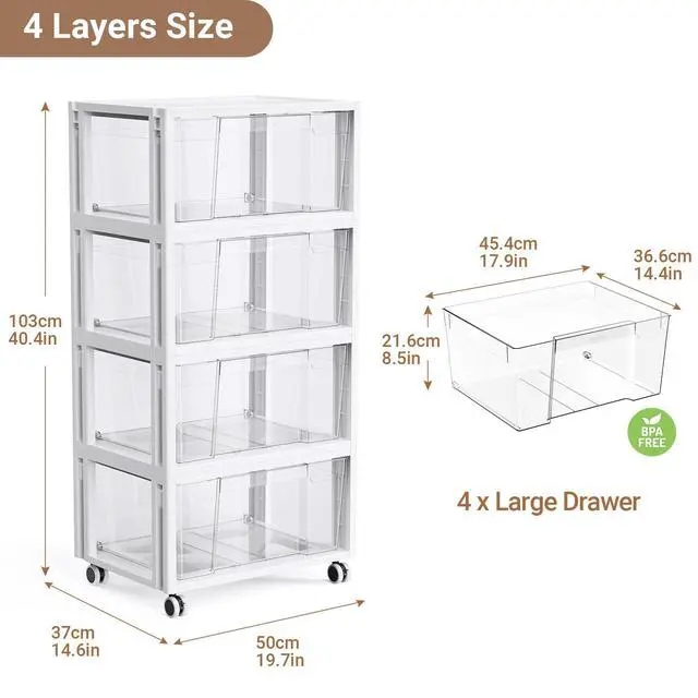 Alt view image 2 of 7 - Stackable Storage Drawer Carts, Extra Large Bins 4 Tier 4 Drawers | Smooth Pull-Out Drawers, Clear Plastic Storage Organizer Container For Home Office Bedroom Bathroom Art Crafts Under Desk