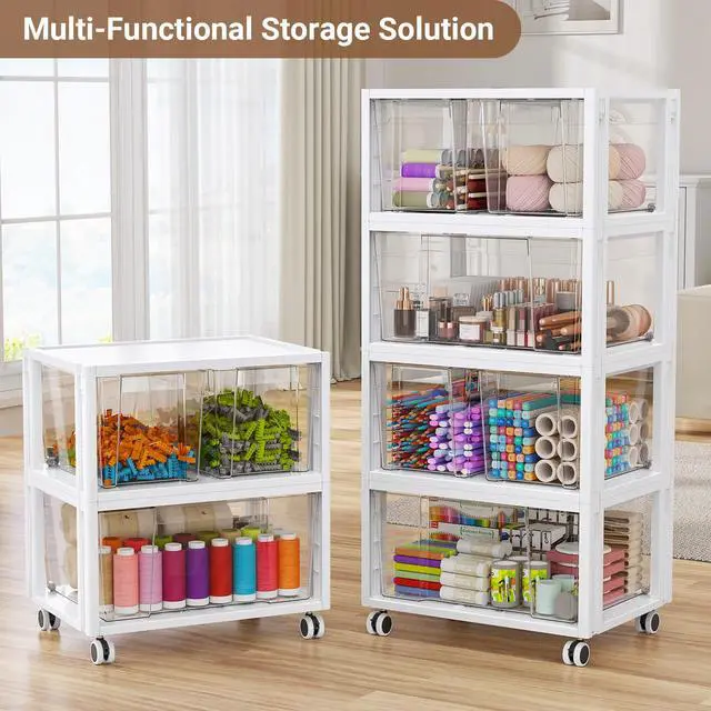 Alt view image 4 of 7 - Stackable Storage Drawer Carts, Extra Large Bins 3 Tier 6 Drawers | Smooth Pull-Out Drawers, Clear Plastic Drawer with 3 Set Wheels For Home Office Bedroom Bathroom Art Crafts Under Desk