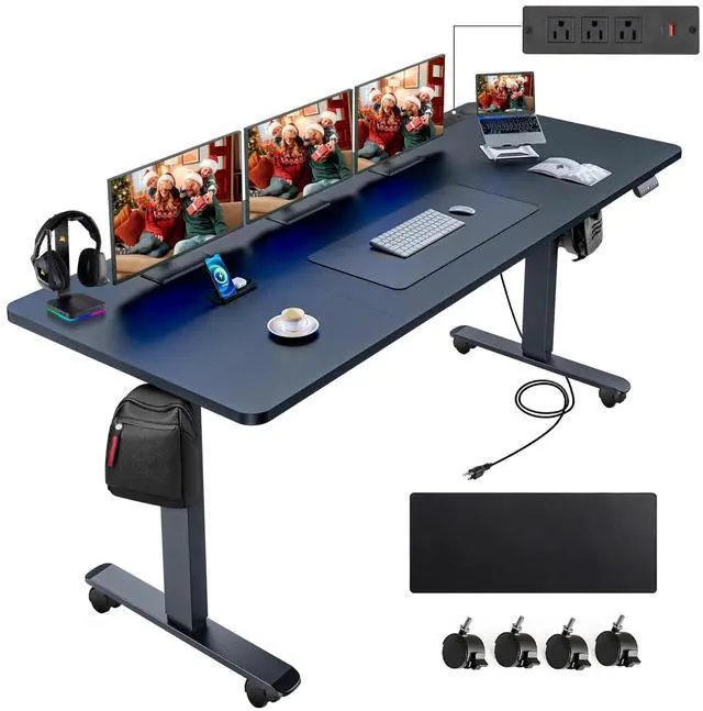 Main image of Electric Standing Desk 71 x 28in with Power Outlets, Rolling Stand up Desk with Large Mouse Pad, 3 USB Ports & 3 Power Outlets, Easy to Set Home Office Gaming Computer Table, Black