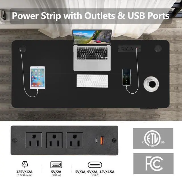 Alt view image 3 of 7 - Electric Standing Desk with Power Outlets and USB-C Port, 63 x 24 Inches Adjustable Height Sit Stand Up Desk for Home Office, Adjustable Desk with Memory Preset and Wheels, Black