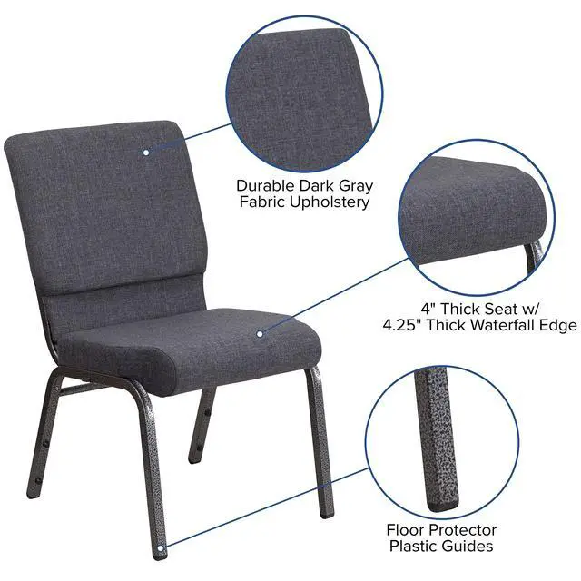 Alt view image 4 of 7 - Dark Gray 18.5" W Stacking Church Chair, 4-Pack | Stackable, Silver Vein Frame, Fabric Upholstery
