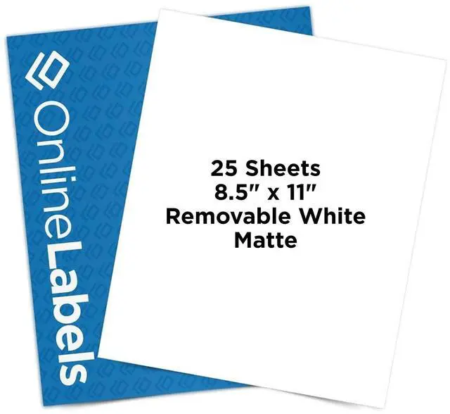 Main image of OnlineLabels 8.5" x 11" Removable Sticker Paper - White Matte - 25 | Removable Adhesive, Blank Full Sheet Labels, Inkjet & Laser Compatible, Works With Cricut, Silhouette, & More