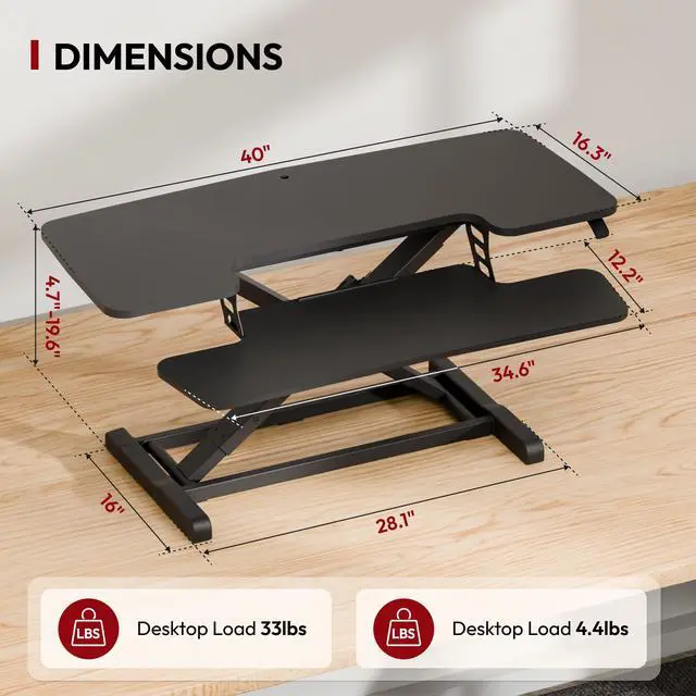 Alt view image 2 of 7 - 40" Desk Converter, Height Adjustable Sit to Stand Riser, Dual Monitor and Laptop Workstation with Wide Keyboard Tray, Modern Minimalist Design, Black