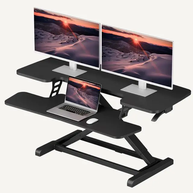 Main image of 40" Desk Converter, Height Adjustable Sit to Stand Riser, Dual Monitor and Laptop Workstation with Wide Keyboard Tray, Modern Minimalist Design, Black